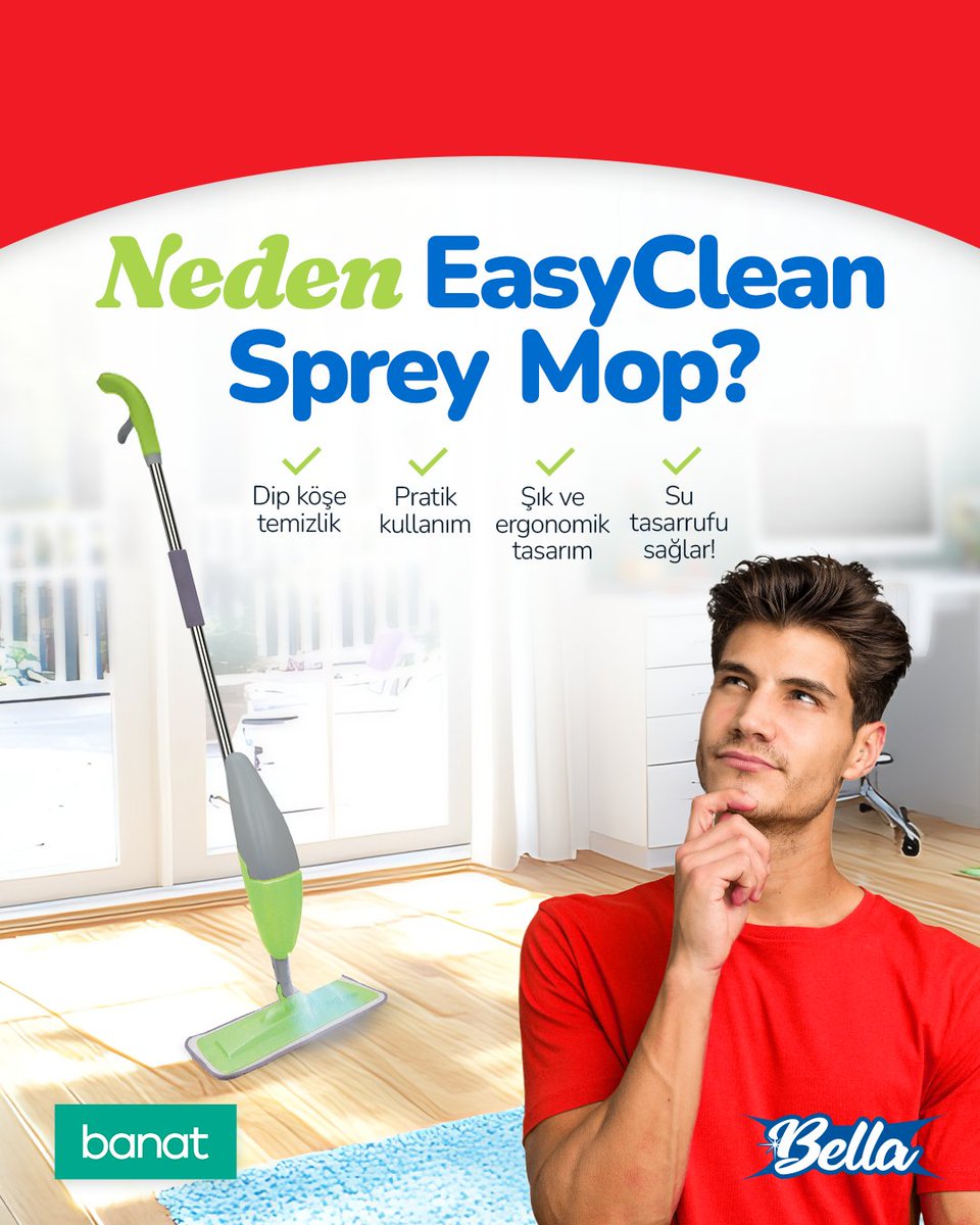 banatturkiye's tweet photo. Neden Banat EasyClean Sprey Mop’utercih etmelisiniz?
Çünkü hızlı, kolay ve çevre dostu bir temizlik için bundan daha iyisi yok! ✨
Her yüzeyi kolayca temizler, evinizin her köşesini parlatır. Size, zaman kazanırken temizliğin keyfini çıkarmak kalır!
#Banat #BanatileParla https://t.co/GD4bBaJ5xD