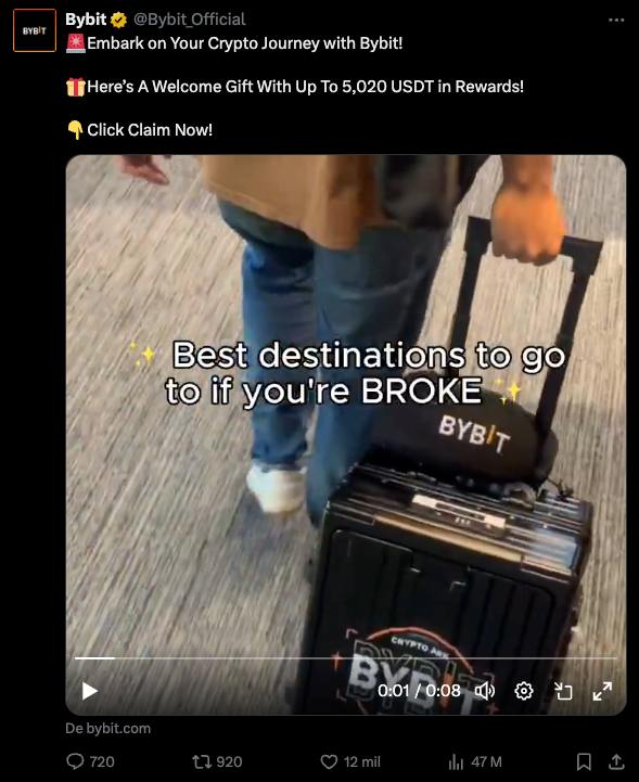 cheatcoiner's tweet photo. The Bybit intern is doing an excellent job and acting fast

They lost your ETH, but no worries. They give you the best travel destinations if you're broke https://t.co/hk9nGUU54U