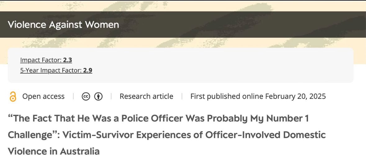 Kate Fitz-Gibbon (@kate_fitzgibbon) on Twitter photo Great to have our latest journal article, “Police Officer-Involved Domestic Violence: Examining the Unique Risks and Barriers to Safety”, published in <a href="/VAWJournal/">Violence Against Women Journal</a>.
Our article examines Australian victim-survivor’s experiences of domestic violence when the perpetrator is a Great to have our latest journal article, “Police Officer-Involved Domestic Violence: Examining the Unique Risks and Barriers to Safety”, published in <a href="/VAWJournal/">Violence Against Women Journal</a>.
Our article examines Australian victim-survivor’s experiences of domestic violence when the perpetrator is a