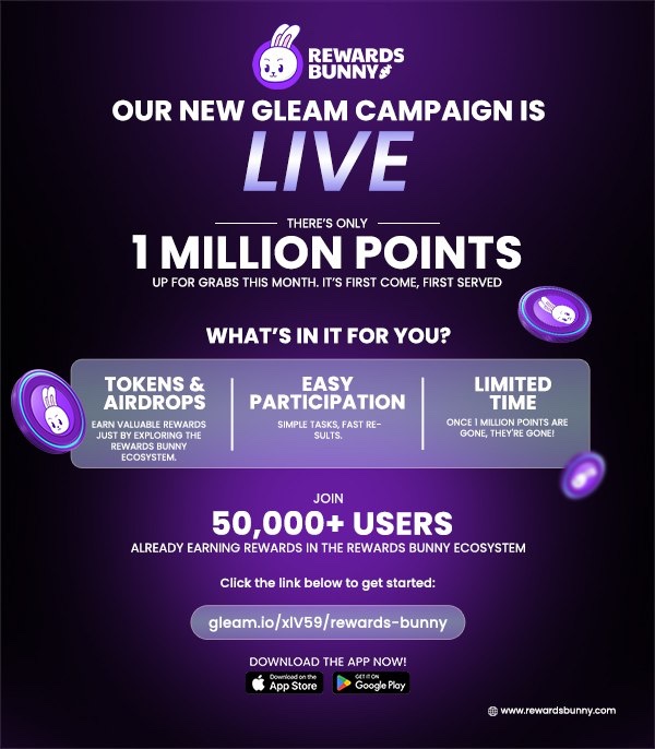 Gleam Campaign LIVE! 🔥 

Prepare for liftoff! This is your chance to 10X your rewards and ride the crypto wave to HUGE gains! 🌊 

Join our Gleam campaign NOW for a shot at massive prizes and a rendezvous with the Rewards Bunny! 🐰💰 

🔗 gleam.io/xlV59/rewards-……

You don’t