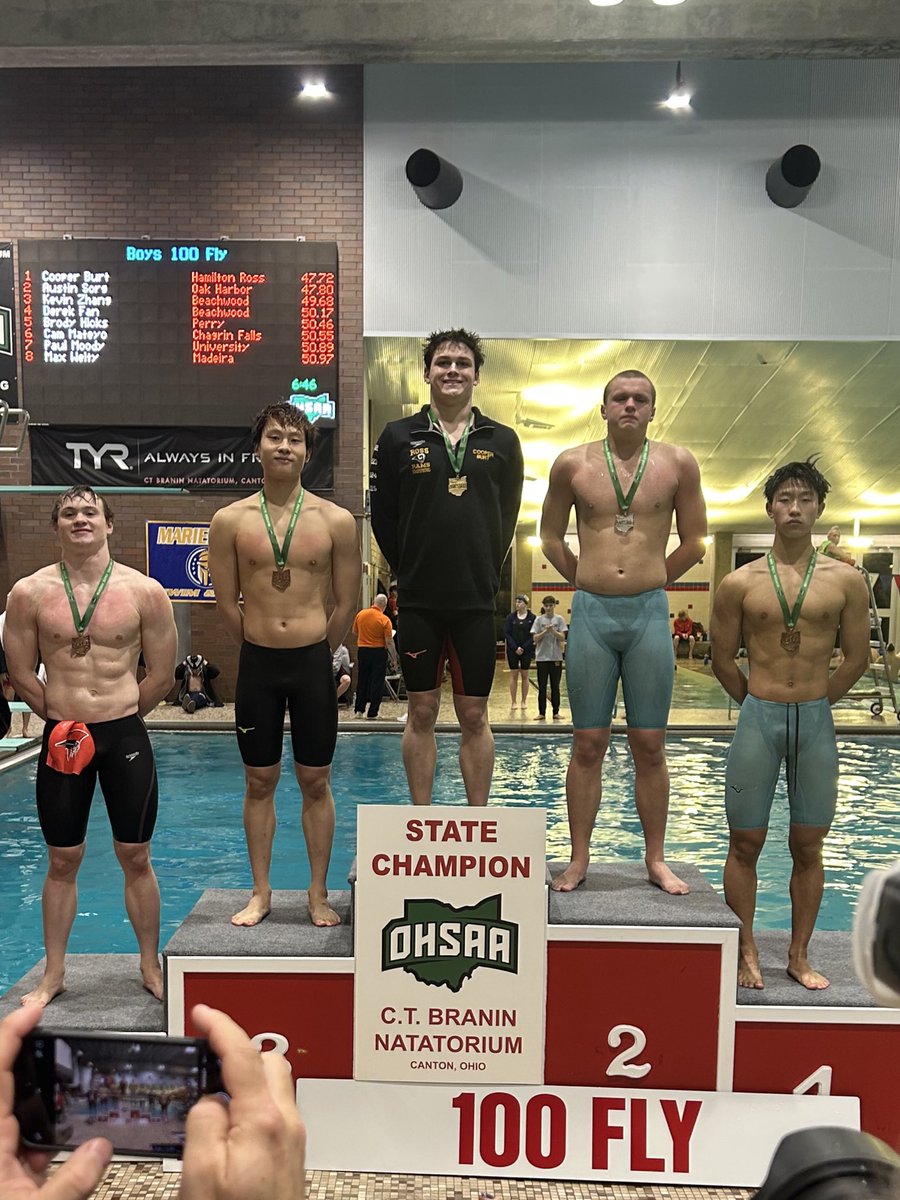 STATE CHAMPION in the 100 Butterfly! COOPER BURT finishes FIRST with his time of 47.72!! 🥇🥇🥇