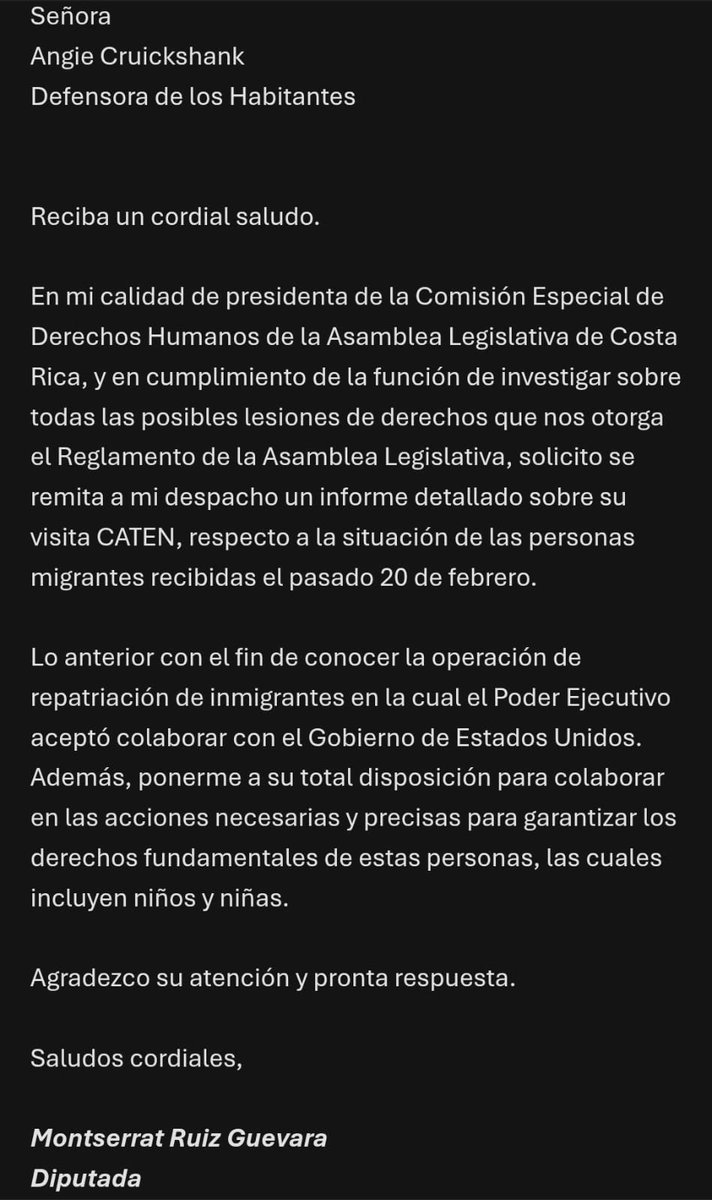 MontseRuizGue's tweet photo. Recibo con  preocupación el reporte de observación emitido por la Defensoría de los Habitantes sobre el abordaje de un grupo importante de personas deportadas desde Estados Unidos. Dentro de los señalamientos de la Defensoría se encuentra la falta de acceso a la información sobre los procedimientos migratorios, la exposición a largos viajes aéreos y terrestres de niñas, niños y madres con bebés, la ausencia de instituciones como INAMU y CONAPAM,  así como un abordaje inadecuado para las personas menores de edad. 
Por esa razón, he solicitado a la señora Defensora de los Habitantes un informe detallado sobre su visita al centro CATEM-sur y en los próximos días atenderemos el tema en la Comisión de Derechos Humanos.