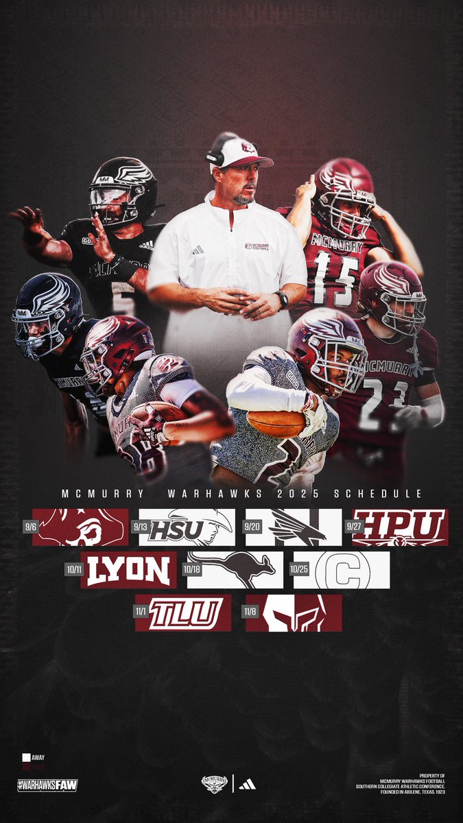 2025 HERE WE COME!!!

9-6 v Southwestern
9-13 @ HSU
9-20 @ Huntingdon
9-27 v HPU
10-11 v Lyon
10-18 @ Austin
10-25 @ Centenary
11-1 v TLU
11-8 v Hendrix
11-15 SCAC Championship @ War Memorial in Little Rock

#WarHawksFAW
#UnfinishedBusiness