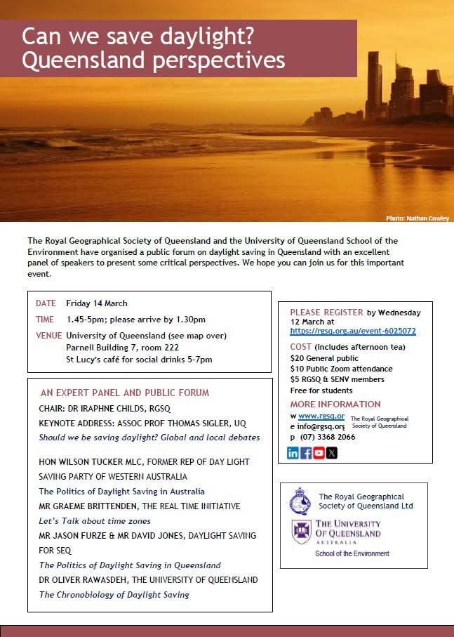 Today marks the anniversary of Queensland's outdated 1992 #DaylightSaving referendum meaning no one under 51 has EVER voted on the issue in #Queensland 🗳 and no one under 33 years of age has EVER tried it with-in the state.
Register to attend this:
👇
rgsq.org.au/event-6025072