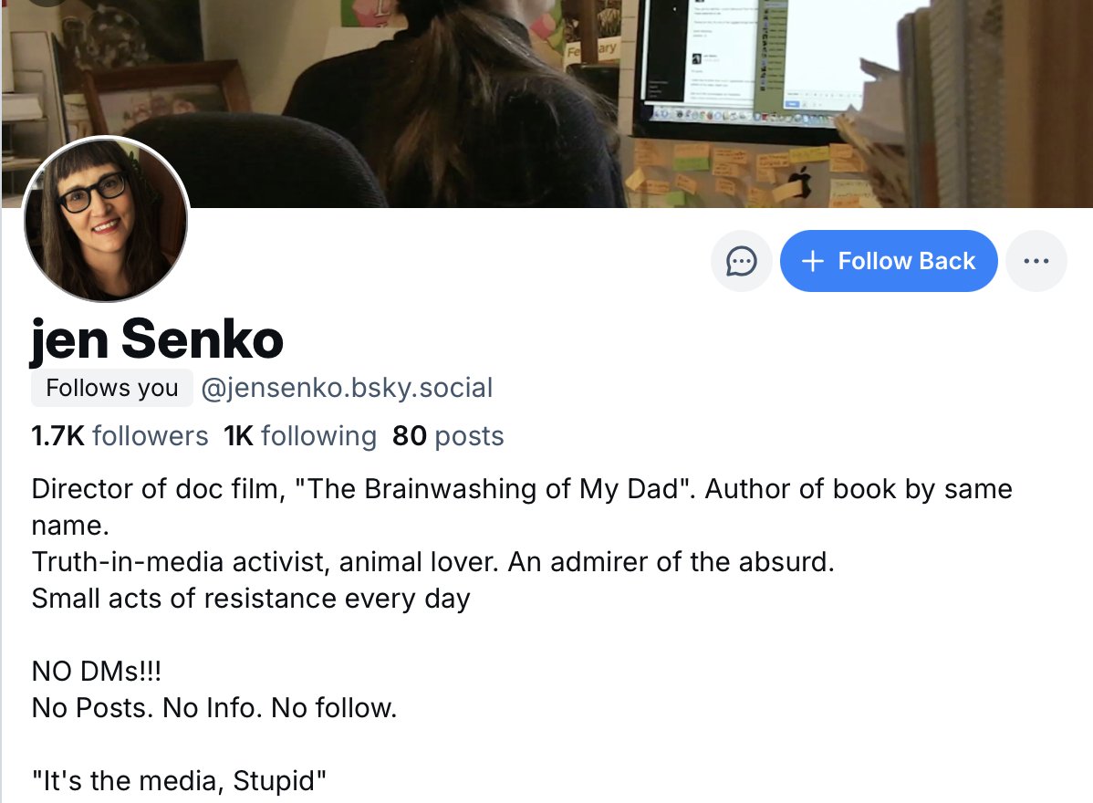 You know <a href="/Jen_Senko/">Jen Senko "The Brainwashing of My Dad" film & book</a> 
Here she is on 🦋