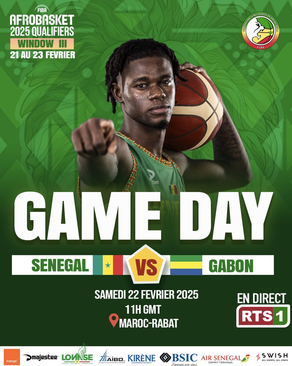 FSBBOFFICIEL's tweet photo. FIBA AFROBASKET QUALIFIERS 2025
FENÊTRE 3️⃣
DAY 2️⃣
GAME DAY 🔥
📅 SAMEDI D22 FÉVRIER 2025
⌚️11H00 GMT
📍RABAT (MAROC)
⏭️ SÉNÉGAL 🇸🇳 — 🇬🇦 GABON
📺 En direct sur la RTS1
GO GAÏNDE 🦁
#afrobasket #qualifiers #senegal #Basketball #bsic #lonase #orange #airsénégal #kirène https://t.co/z6gUqV18gz