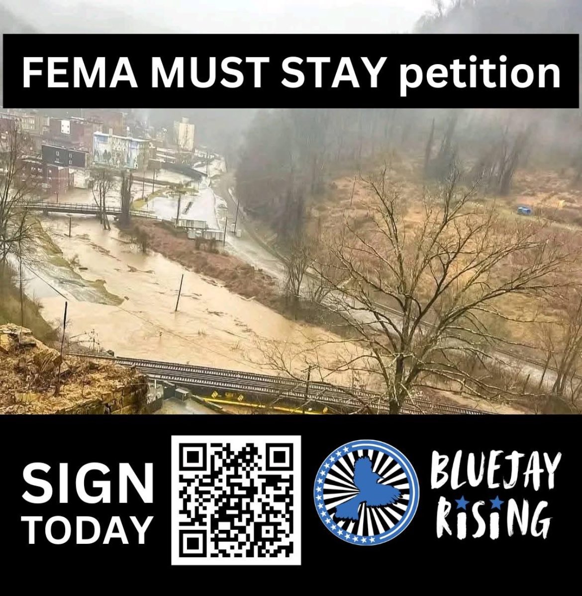 zachshrewsbury's tweet photo. Southern WV is flooding, and Trump wants to dissolve FEMA. We need disaster aid, not cuts! Sign this petition to demand FEMA stays in place: https://t.co/op7mtzhuQH https://t.co/XoKvzwQbbr