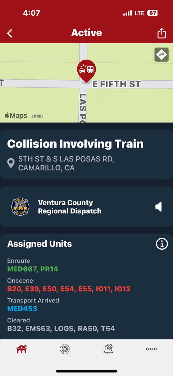 #LasPosasIncident In the Camarillo area, a southbound Amtrak Surfliner collided with a passenger vehicle at the intersection of Fifth Street and Las Posas. One patient with moderate injuries was transported to the hospital, and the train was carrying approximately 480 passengers.
