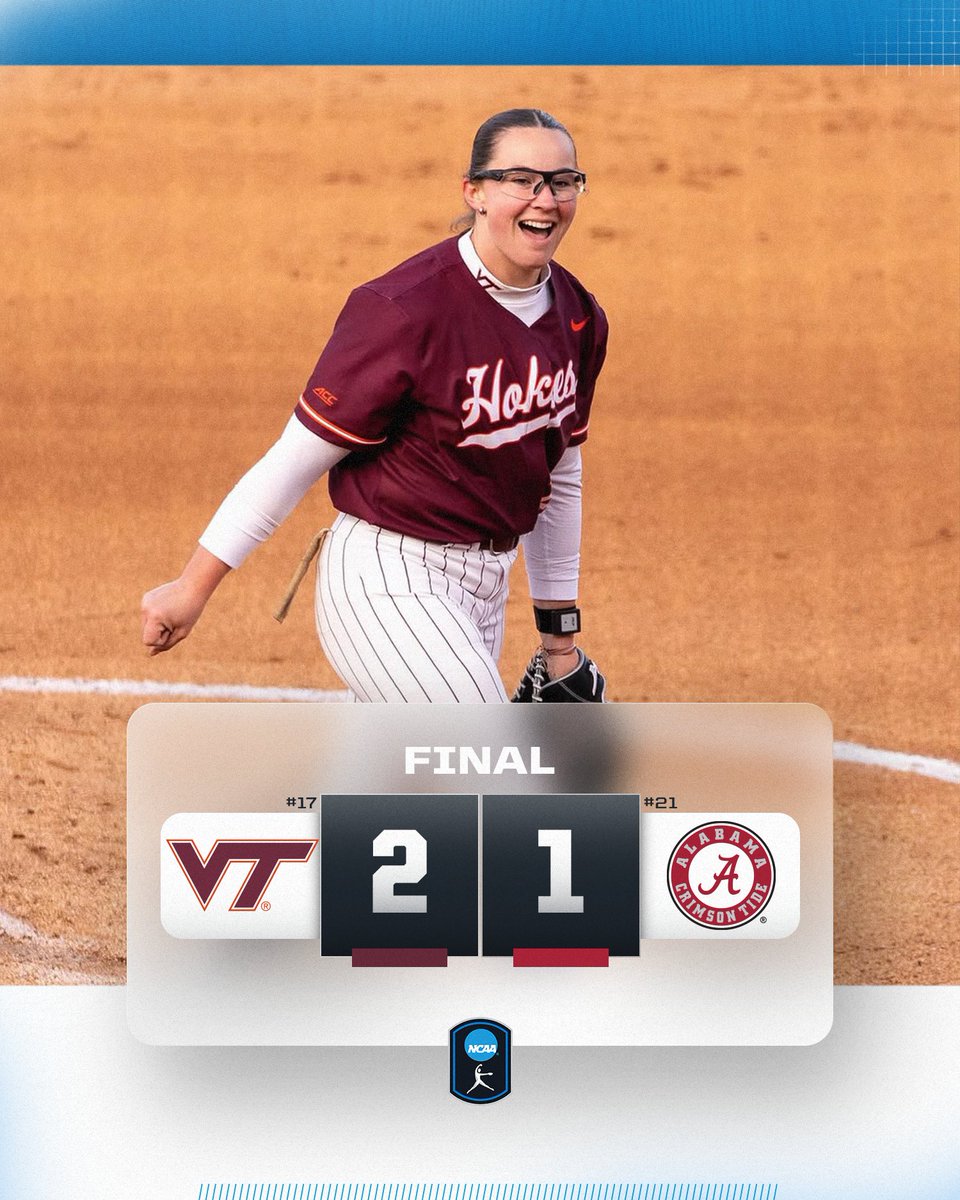 NCAA Softball (@ncaasoftball) on Twitter photo The Hokies get it done 💥
No. 17 <a href="/HokiesSoftball/">Virginia Tech Softball</a> defeats No. 21 Alabama, 2-1!
#NCAASoftball The Hokies get it done 💥
No. 17 <a href="/HokiesSoftball/">Virginia Tech Softball</a> defeats No. 21 Alabama, 2-1!
#NCAASoftball