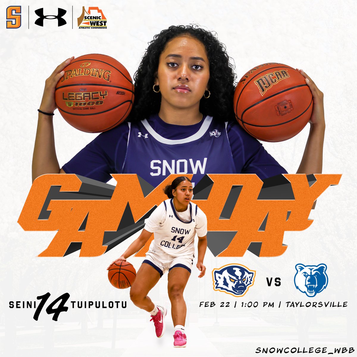 🏀GAME DAY!🏀
🆚: <a href="/slccbruins/">SLCC Athletics</a> 
📍: Taylorsville, Utah | Lifetime Activities Center
⏰: 1:00 p.m.
📺: bit.ly/SWACDigNet
📻: bit.ly/MidUtahRadio
📊: bit.ly/SnowWBBStats