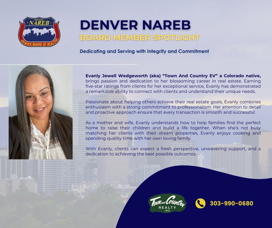 NAREBDenver's tweet photo. Board Member Spotlight: Meet Our Secretary, Evanly Jewell Wedgeworth! ✨ A passionate real estate professional, Evanly is dedicated to helping families find their dream homes. 🏡 With a keen eye for detail and a heart for service, she’s making a lasting impact in the community! https://t.co/dDs5xgH3PD