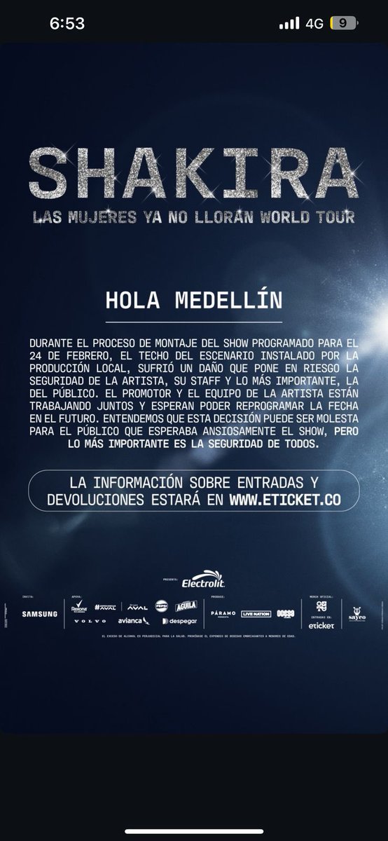 Se acuerdan del bobo del helicóptero 🚁? Del que se robó a Medellín?
Salió con una bobada más y otra mentira más. 
Falso que se haya cancelado el concierto de Shakira por un partido de fútbol.
Acá está el comunicado oficial de los organizadores. 
El único concierto que le gusta a