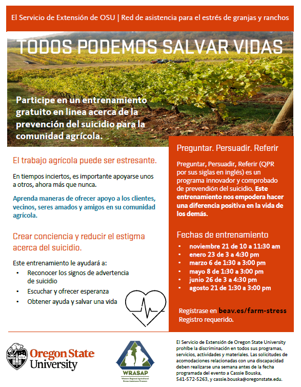 WRASAP_Espanol's tweet photo. Únase con @OregonStateExt para el entrenamiento de QPR el jueves 6 de marzo. Aprenda a reconocer las señales de advertencia de una crisis de suicidio y a preguntar, persuadir y recomendar a alguien para que lo ayude. Visita https://t.co/VnjTSgw64n para registrarte hoy. https://t.co/DzKmrcrRON