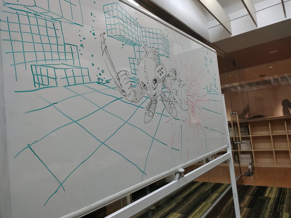 RoberutoEfu's tweet photo. 職場のホワイトボードに描きました。このデジモン、知っている人いますか？PlayStation 1の『デジモンワールド』を遊んだことがある人はいますか？🤖
#デジモン #デジモンワールド  #ホワイトボードアート https://t.co/UVl8l58RU9