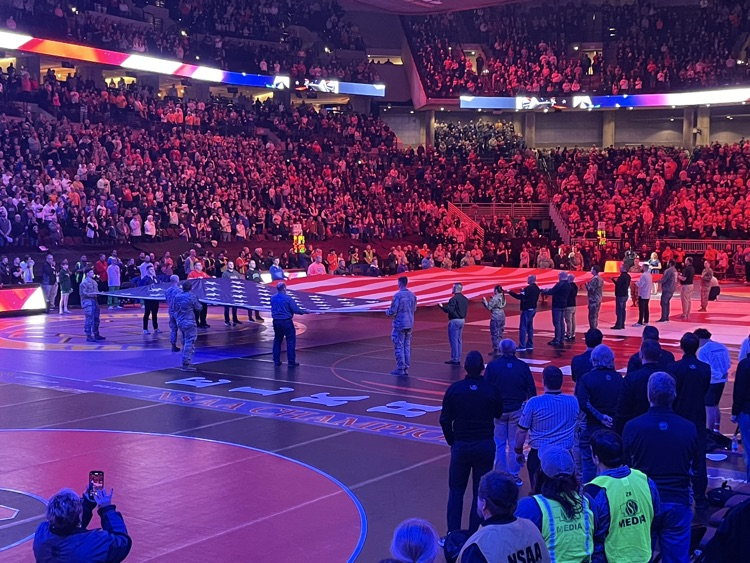 MindenWhippets's tweet photo. Tonight Cade and Coach Wragge were part of the group holding the U.S. flag by members of the National Guard for the anthem! What an honor! https://t.co/lMIOspg69v