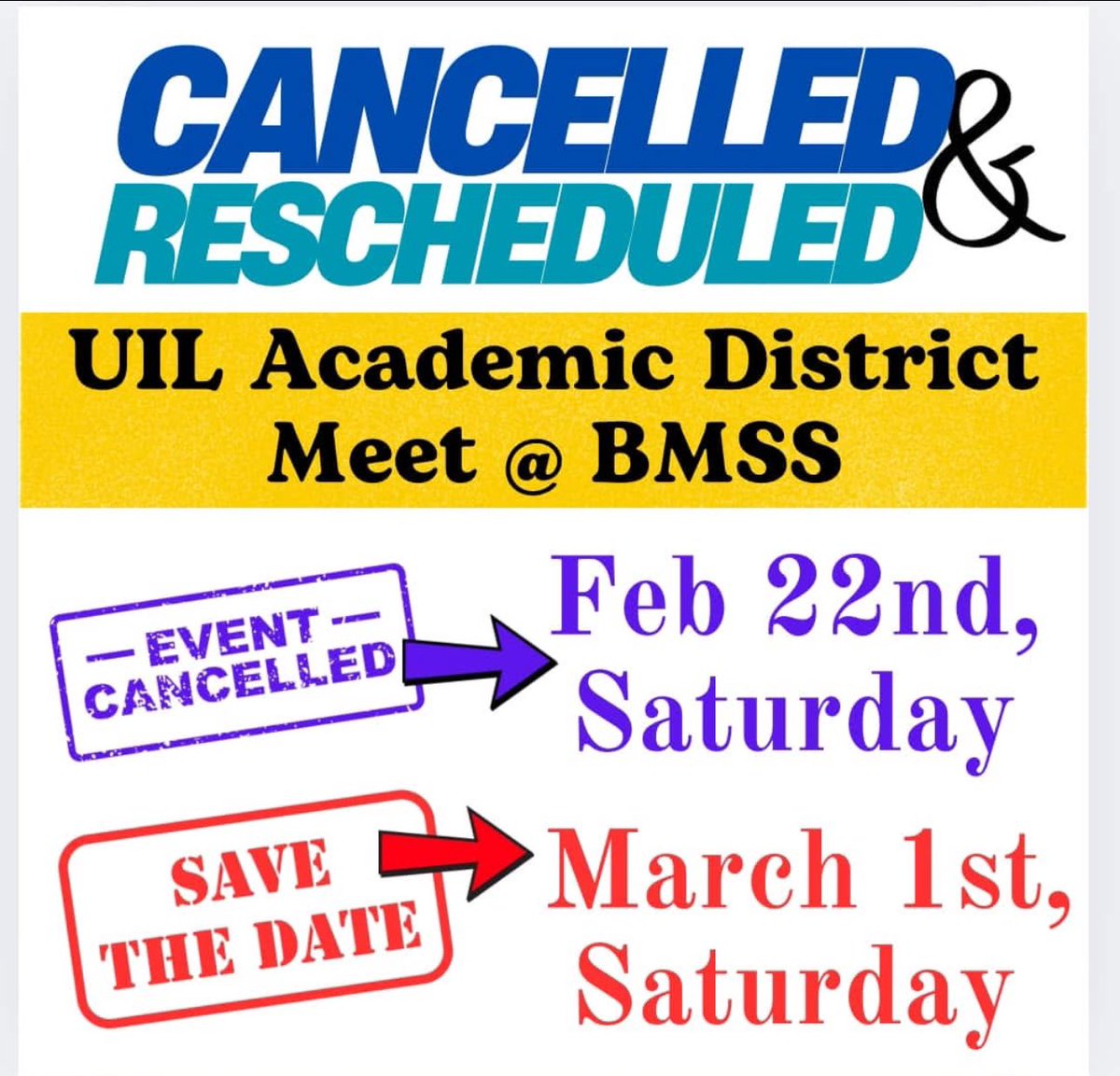 Not totally cancelled, only postponed. District Meet is now March 1 at BMSS 🏆🏆🏆