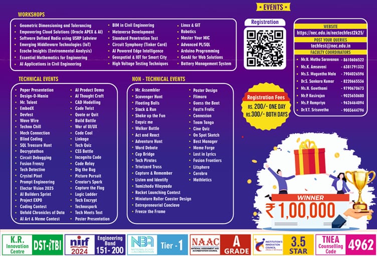 NECKVP's tweet photo. NEC Tech Fest 2k25 – A stage for Multidisciplinary Fusion🔥
🔥 Don’t miss out – Be the future of tech!
..............................................................
#nec #nationalengineeringcollege #nectechfest #techfest2k25 #ideathon #workshops #sympo #symposium #intercollege https://t.co/bGtGHuji9t