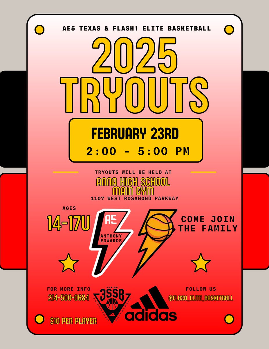 Flash! Elite - AE5 TX, Adidas Program (@flashelite2) on Twitter photo TRYOUTS Round 2 🚨
Come tryout for AE5 Texas and <a href="/FlashElite2/">Flash! Elite - AE5 TX, Adidas Program</a> this Sunday @ Anna High School (Main Gym) 💪 TRYOUTS Round 2 🚨
Come tryout for AE5 Texas and <a href="/FlashElite2/">Flash! Elite - AE5 TX, Adidas Program</a> this Sunday @ Anna High School (Main Gym) 💪