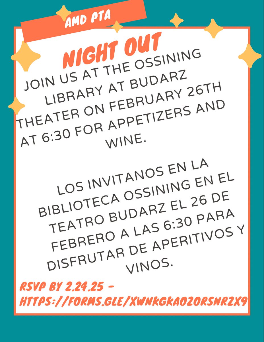 AMD Parents 

Join us for appetizers and wine on Wednesday, February 26th at 6:30 at the Ossining Library’s Budarz Theater. 

RSVP by Monday, February 24th. forms.gle/xwnKgKAozorSnr…