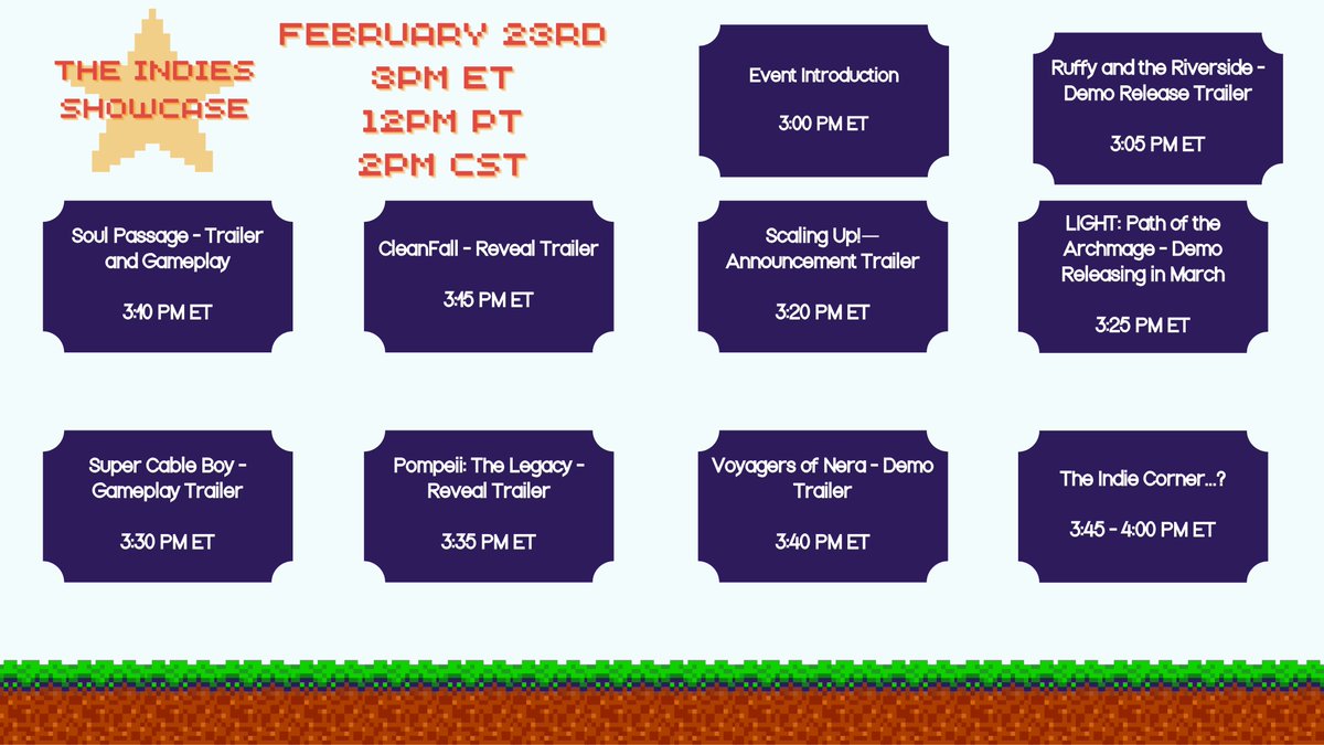 The Indies Showcase (@losmungals) on Twitter photo This is the official The Indies Showcase itinerary for this Sunday! A whole 1-hour livestream talking about brand new indie games releasing soon and demos too! Including <a href="/zocklabs/">Ruffy and the Riverside✨ Out NOW</a>, <a href="/SoulPassageGame/">Soul Passage 2D Handdrawn Metroidvania</a>, <a href="/cleanfallgame/">CleanFall ✨August 8th Early Access Release✨</a>, <a href="/FlannelBearGame/">Crafty Survivors 1.0 Out Now</a>, <a href="/meSunshineshiny/">Sunshineshiny</a>, <a href="/SoerbGames/">Sørb</a>, 1/2🧵 This is the official The Indies Showcase itinerary for this Sunday! A whole 1-hour livestream talking about brand new indie games releasing soon and demos too! Including <a href="/zocklabs/">Ruffy and the Riverside✨ Out NOW</a>, <a href="/SoulPassageGame/">Soul Passage 2D Handdrawn Metroidvania</a>, <a href="/cleanfallgame/">CleanFall ✨August 8th Early Access Release✨</a>, <a href="/FlannelBearGame/">Crafty Survivors 1.0 Out Now</a>, <a href="/meSunshineshiny/">Sunshineshiny</a>, <a href="/SoerbGames/">Sørb</a>, 1/2🧵