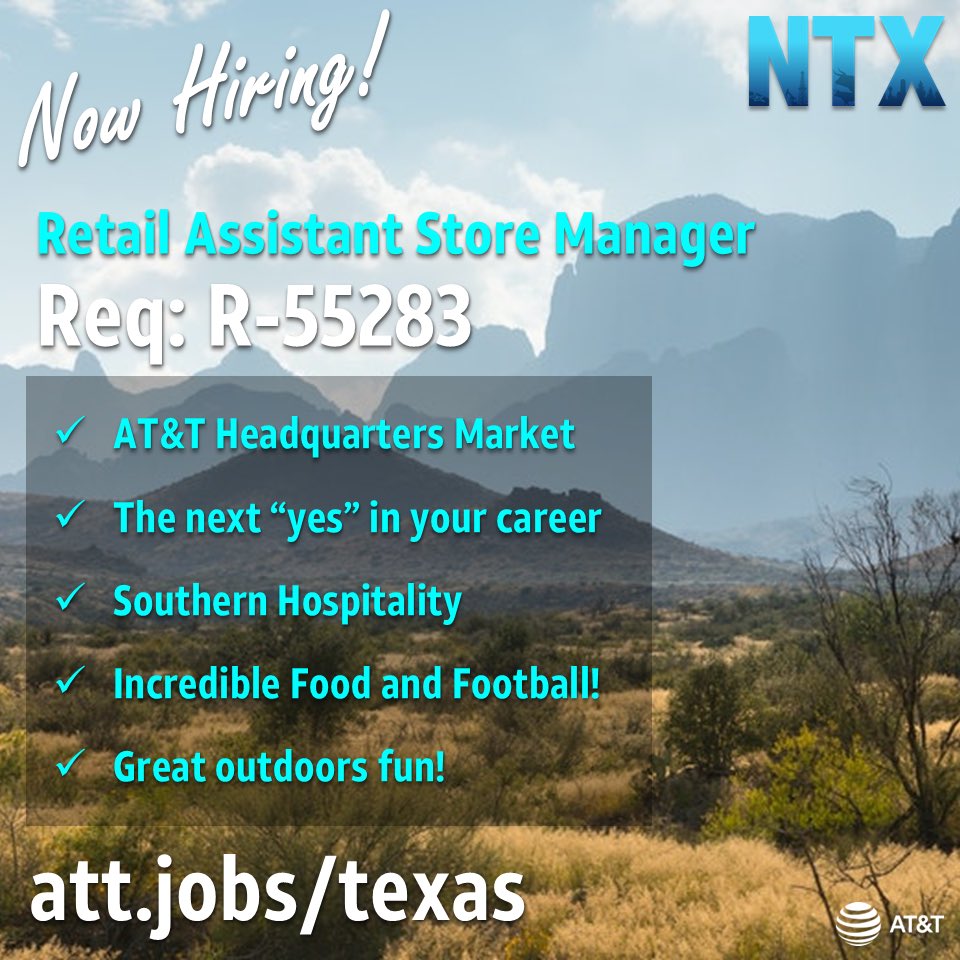 Kendra Ross (@kendradross) on Twitter photo 📣Are you looking to elevate your career in 2025? Come join the NTX market and work for a stellar leader on Hilltopper leadership team as an Assistant Retail Store Manager in San Angelo, TX!
Sherwood Oaks ASM R-55283
✨Don't delay and apply today!
#LifeatATT
<a href="/NTX_Market/">The NTX Market</a> <a href="/CC034E/">Cory Cullers</a> 📣Are you looking to elevate your career in 2025? Come join the NTX market and work for a stellar leader on Hilltopper leadership team as an Assistant Retail Store Manager in San Angelo, TX!
Sherwood Oaks ASM R-55283
✨Don't delay and apply today!
#LifeatATT
<a href="/NTX_Market/">The NTX Market</a> <a href="/CC034E/">Cory Cullers</a>