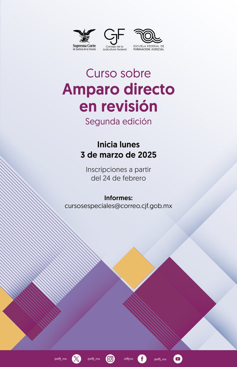 Invitamos a personal de la Suprema Corte de Justicia de la Nación y personal jurisdiccional del Consejo de la Judicatura Federal al curso:

🟡 Amparo directo en revisión

Convocatoria: cutt.ly/krwuPNus

Inscripciones este 24 y 25 de febrero en: escuelajudicial.cjf.gob.mx/v2/pages/Capac…