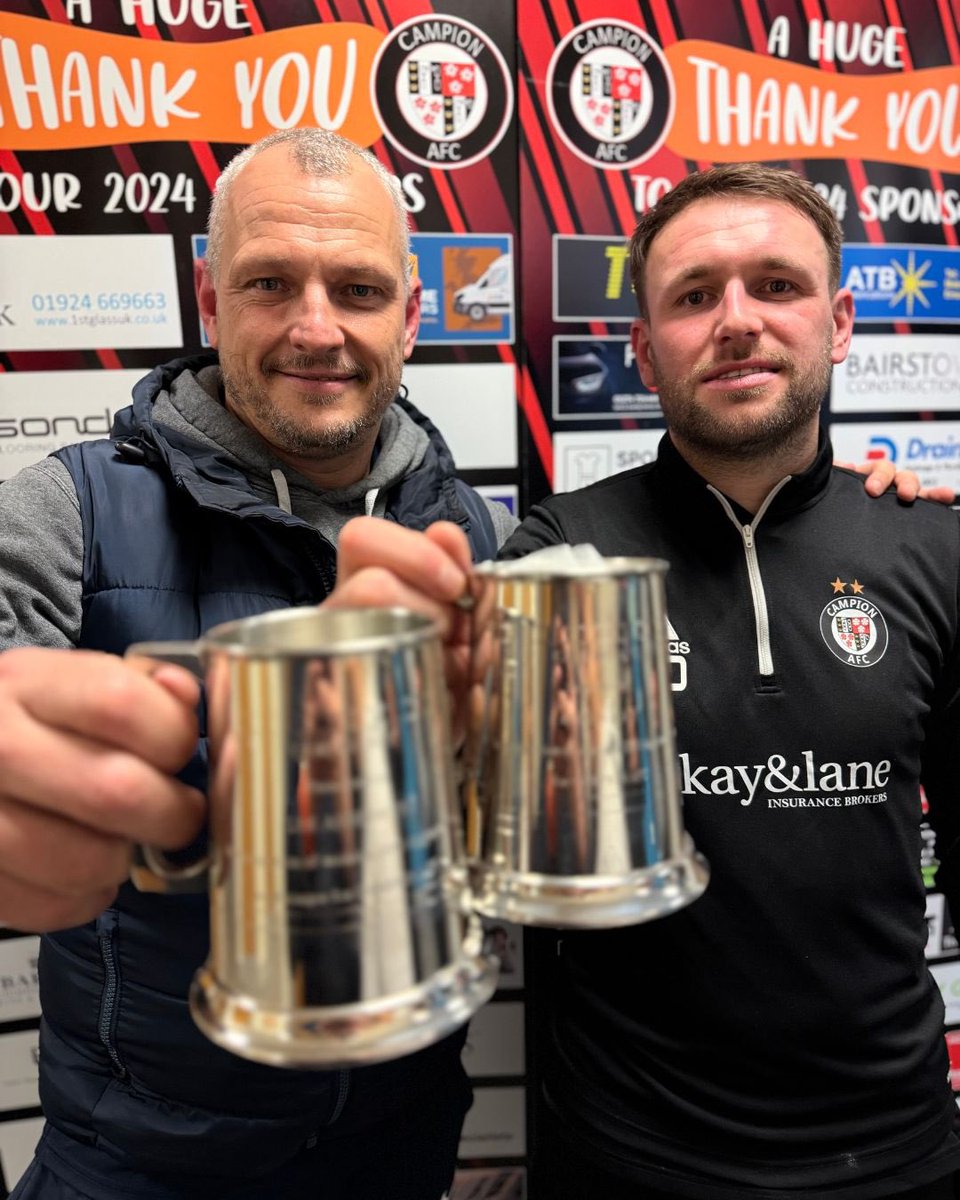 Following tonight’s 3-2 victory against Tadcaster Albion, vice-captain Aidan Day and joint-manager Lee Ashforth were presented with tankards to mark their 200th games for the club! 🙌 

Presentation was made by club chairman Bob Stead 👏