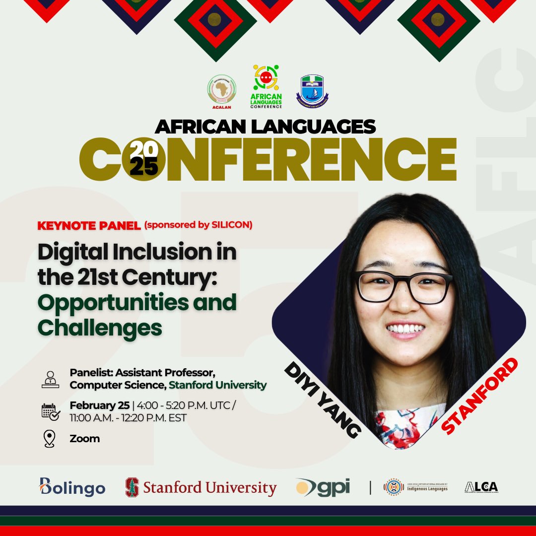 ‼️ VIP KEYNOTE PANEL DISCUSSION

Dr. <a href="/Diyi_Yang/">Diyi Yang</a> (<a href="/Stanford/">Stanford University</a>) joins #AFLC2025 to discuss AI, NLP &amp; digital inclusion.

How can deep learning &amp; NLP bridge the gap for under-resourced languages?

Register now: shorturl.at/Lgzh3

#AIForGood #NLP #DeepLearning #DigitalInclusion