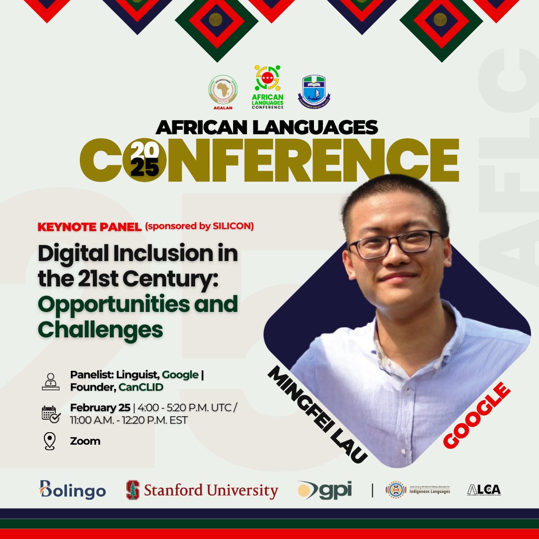 ‼️ VIP KEYNOTE PANEL DISCUSSION

🔊 Mingfei Lau (<a href="/Google/">Google</a>) joins #AFLC2025 to discuss AI, #MachineTranslation &amp; language access.

How can AI-driven tools support underrepresented languages in tech?

Register now: shorturl.at/Lgzh3

#AIForGood #LanguageTech #DigitalRights