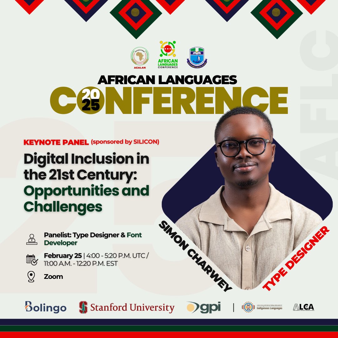 ‼️ VIP KEYNOTE PANEL DISCUSSION

🌍 <a href="/simoncharwey/">Simon Charwey</a> joins #AFLC2025 to discuss #Typography &amp; #DigitalInclusion in the 21st Century.

How does design shape language preservation &amp; accessibility?

📅 Register now to find out: shorturl.at/Lgzh3

#LanguageTech #TypeDesigner
