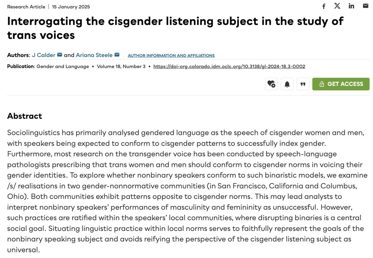 GenderLanguage's tweet image. Why do people misunderstand trans speech? Who gets to decide the ways we gender ourselves, anyway? Check out J Calder and Ariana Steele’s new article about what they call the “cisgender listening subject” in our special issue on trans linguistics here: utppublishing.com/toc/gl/18/3