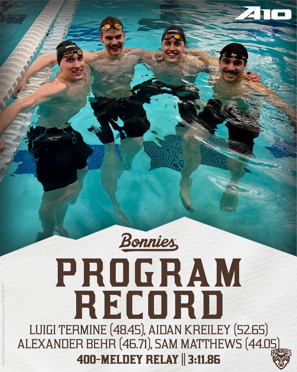 BonniesSwimDive's tweet photo. Luigi, Aidan, Alexander, and Sam break the 10 year old record in the 400-medley relay‼️

#Unfurl || #A10SD https://t.co/rLPlcx9jAi