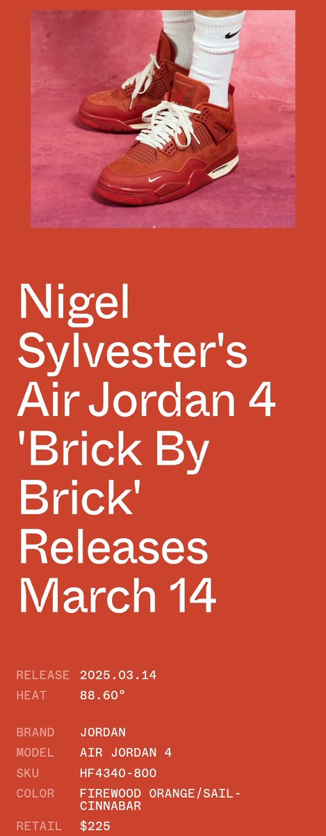 Please 🙏  <a href="/Nike/">Nike</a> 
I would absolutely love to get the new Jordan 4 Nigel Sylvester's 'Brick by Brick'  - These are a 🔥 pair of shoes. Need these for my collection. I share with my sons so all my shoes get beat up from them. We all wear a size 11. This a must have....