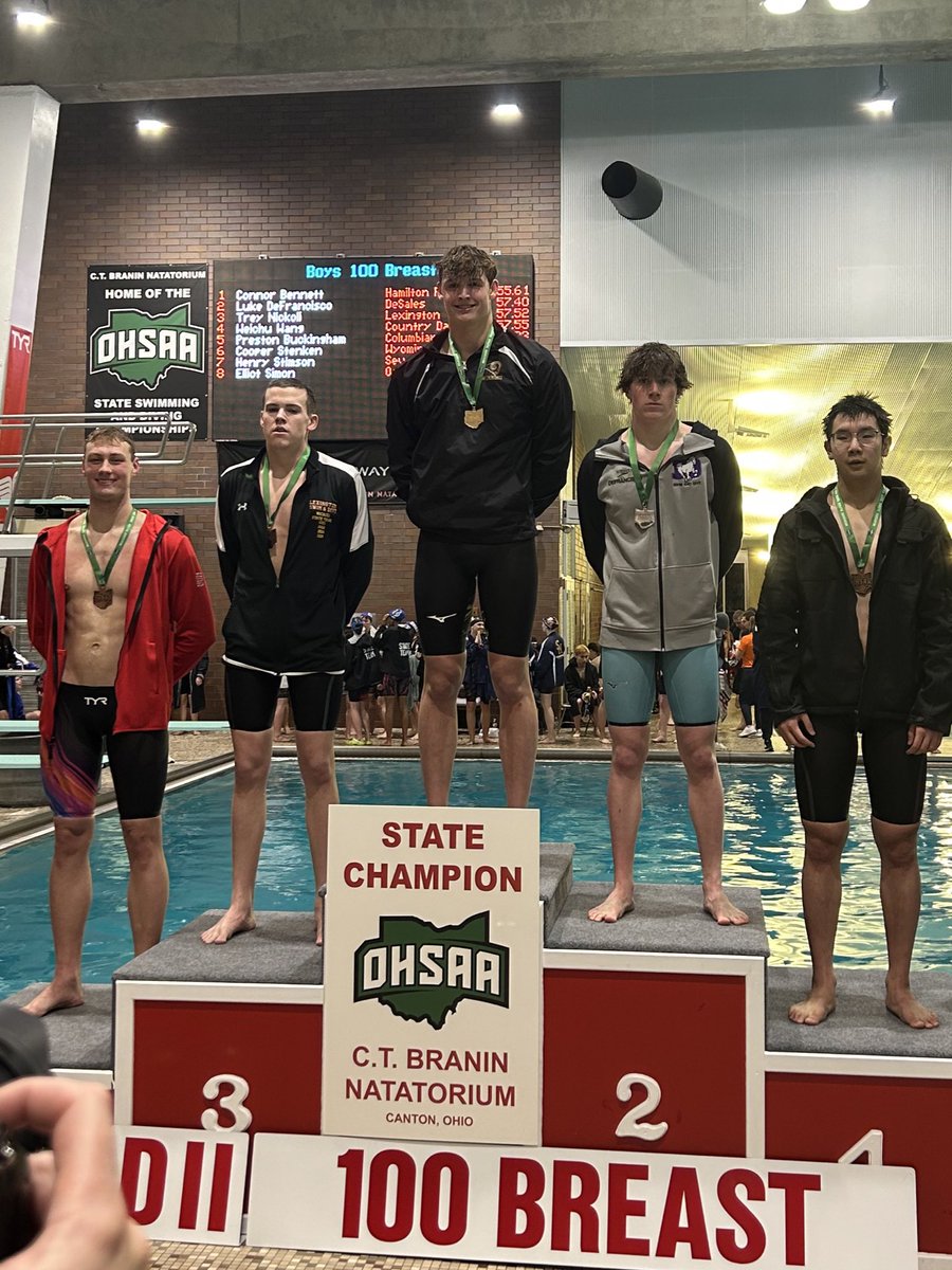 STATE CHAMPION! Connor Bennett takes first in the 100 Breaststroke with his swim of 55.61! 🥇🥇🥇🥇🥇