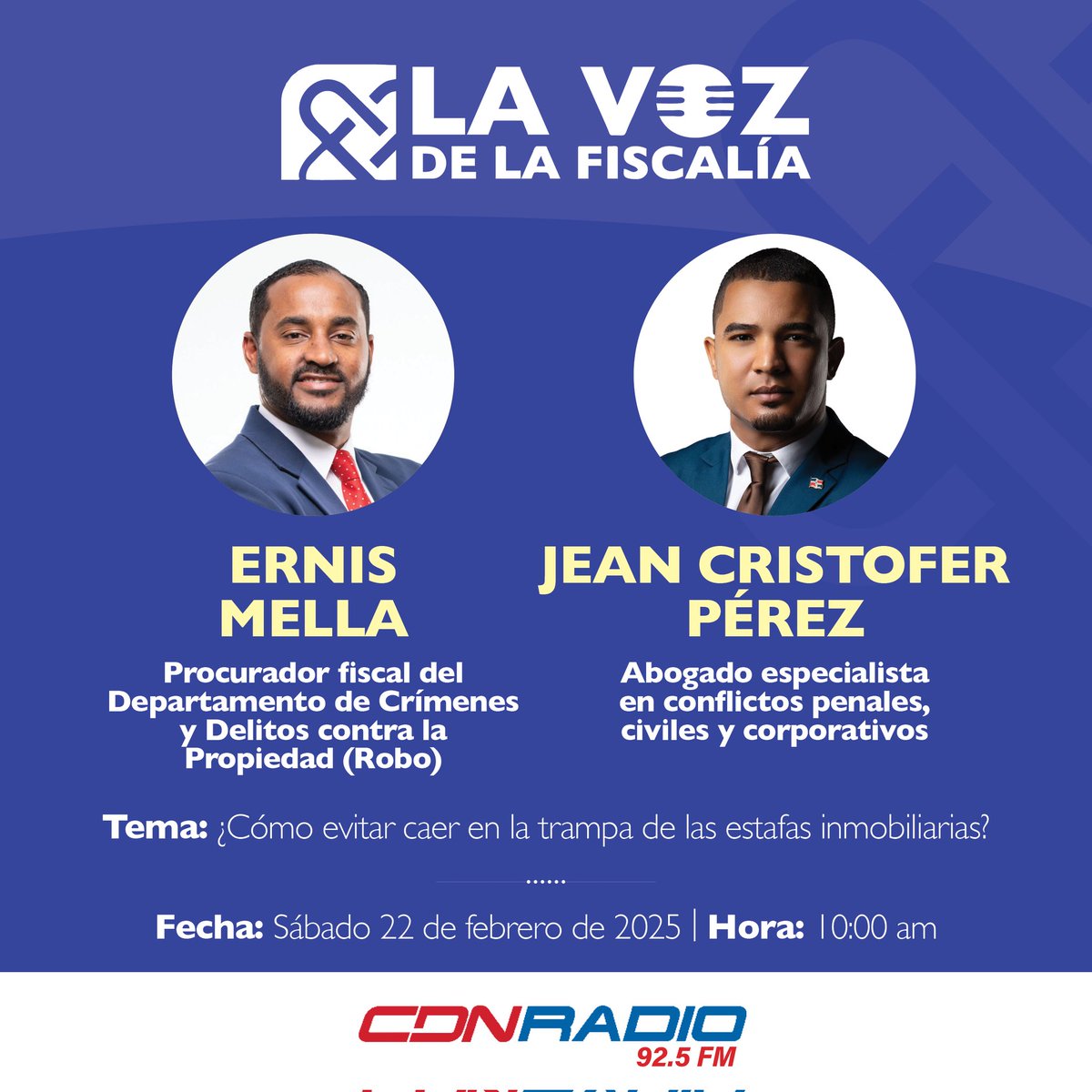 Este sábado, en #LaVozdelaFiscalía, iniciaremos nuestra entrega de tres programas sobre la prevención de estafas con el tema: ¿Cómo prevenir caer en la trampa de las estafas inmobiliarias? 🏘 junto al abogado <a href="/JeanCristoferPL/">Jean Cristofer Pérez</a> y el fiscal <a href="/ErnisMella/">ERNIS MELLA</a>. ¡A las 10:00, por <a href="/CDNRadio/">CDN 92.5</a>!