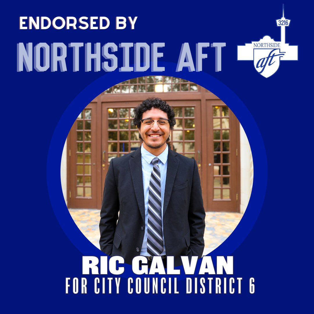 Endorsements! We proudly  support these pro-education, pro-labor candidates for San Antonio City Council &amp; Mayor:
🗳 D5  @210TeriCastillo 
🗳 D6 <a href="/RicForDistrict6/">Ric Galvan</a> 
🗳 D8 – Ivalis Meza Gonzalez
🗳 D9 – Angi Taylor Aramburu
🗳 Mayor (dual endorse) <a href="/GinaOrtizJones/">Gina Ortiz Jones</a> &amp; <a href="/melissaforsa/">Melissa Cabello Havrda</a>