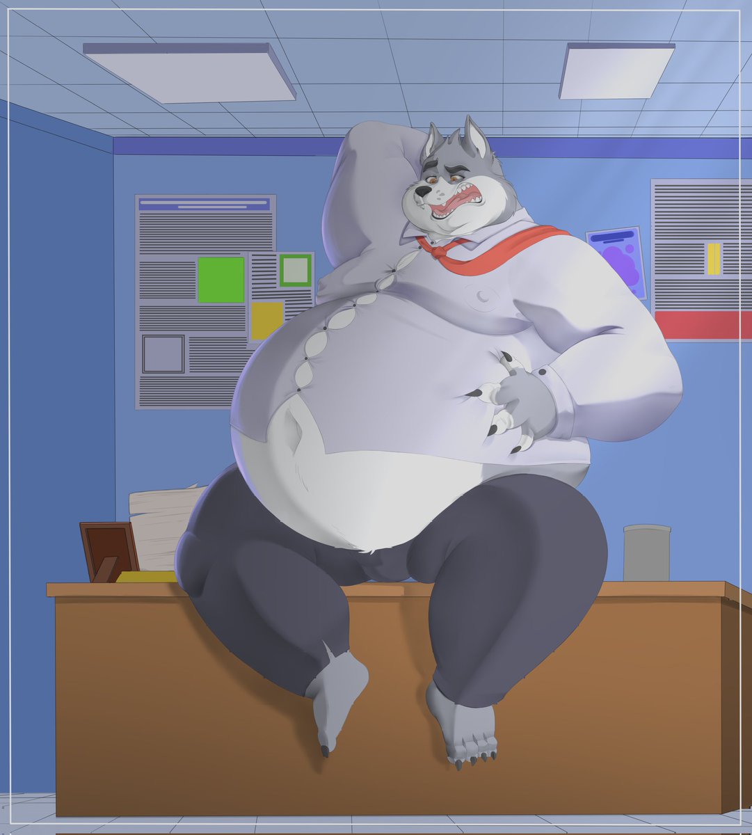 "Ya sure this is the biggest size we've got? I only had 3 lunch breaks 'n this thing's 'bout to blow!"

- 

There's 3 things you don't take away from an office employee. His donuts, coffee, and hourly stuffing session. Unless you wanna be his lunch.

(Art by <a href="/Z4ckW0lf/">🎄Zack Wolf 🎄 (COMMS CLOSED 4/4)</a>!)