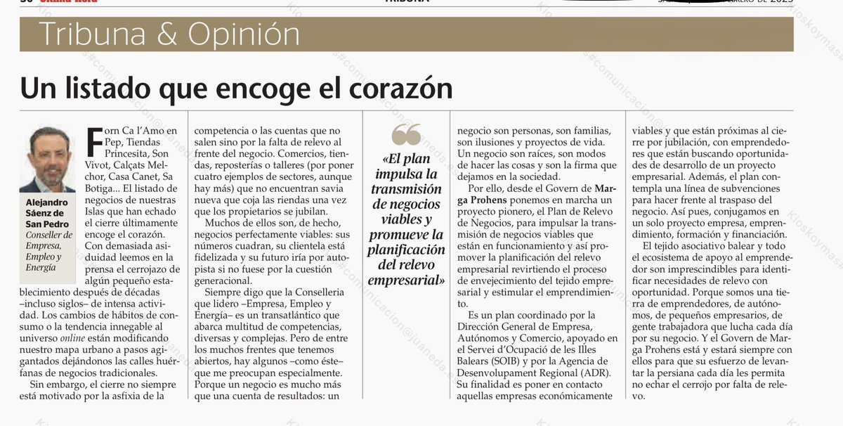 📣Hoy hago una reflexión en <a href="/UHmallorca/">Ultima Hora Mallorca</a> sobre  la importancia de estar cerca de aquellos #comercios , #Pymes #Micropymes y #Autónomos con dificultades para encontrar el relevo de sus negocios. 📈📊

Hemos creado un programa desde el Govern Balear <a href="/goib/">Govern de les Illes Balears</a> para favorecer el relevo a