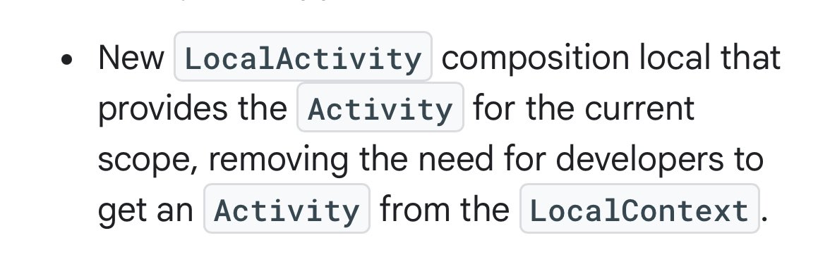 JorgeCastilloPr's tweet photo. LocalActivity CompositionLocal made the cut in androidx.activity👏👏 https://t.co/6LeTfs3HaB