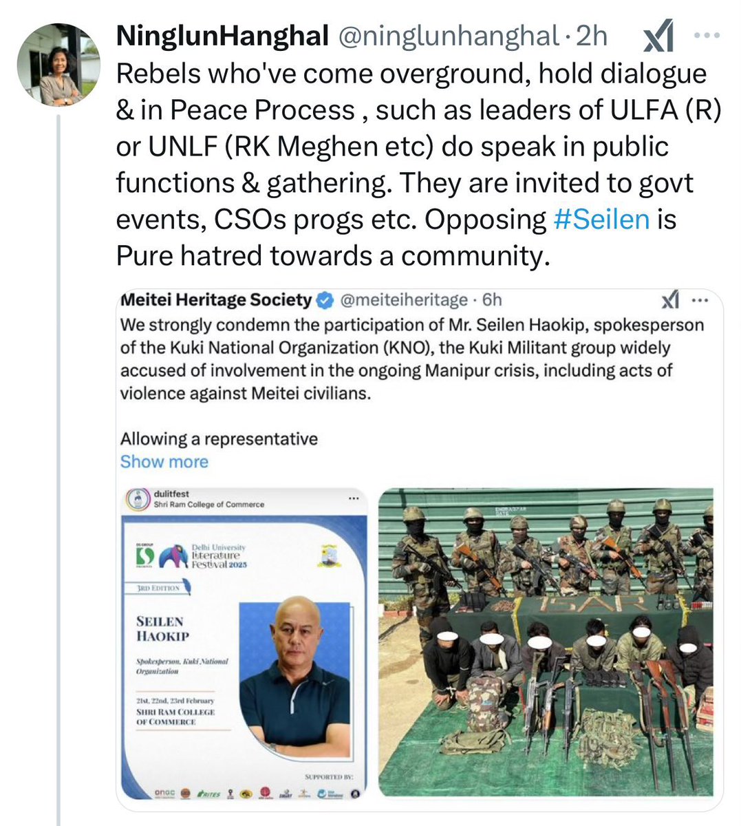 Wise decision by <a href="/dulitfest/">Delhi University Literature Festival</a> <a href="/ajaykraina/">Col AJ🇮🇳</a> to refrain from giving militant leader Seilen Haokip another platform to air their ideology and shape public opinion with their biased narratives.
