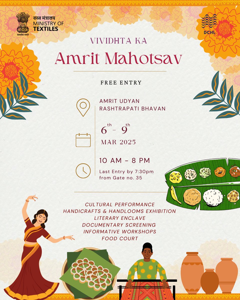 "VIVIDHTA KA AMRIT MAHOTSAV "  
Join us and have a memorable experience.
🗓️ 6th -9th March, 2025
📍Amrit Udyan, Rashtrapati Bhavan
🕛 10 AM to 8 PM (Last Entry by 7:30 PM)
#VividhtaKaAmritMahotsav
#RashtrapatiBhavan
#CulturalCelebration #DiversityInUnity
#dchandlooms