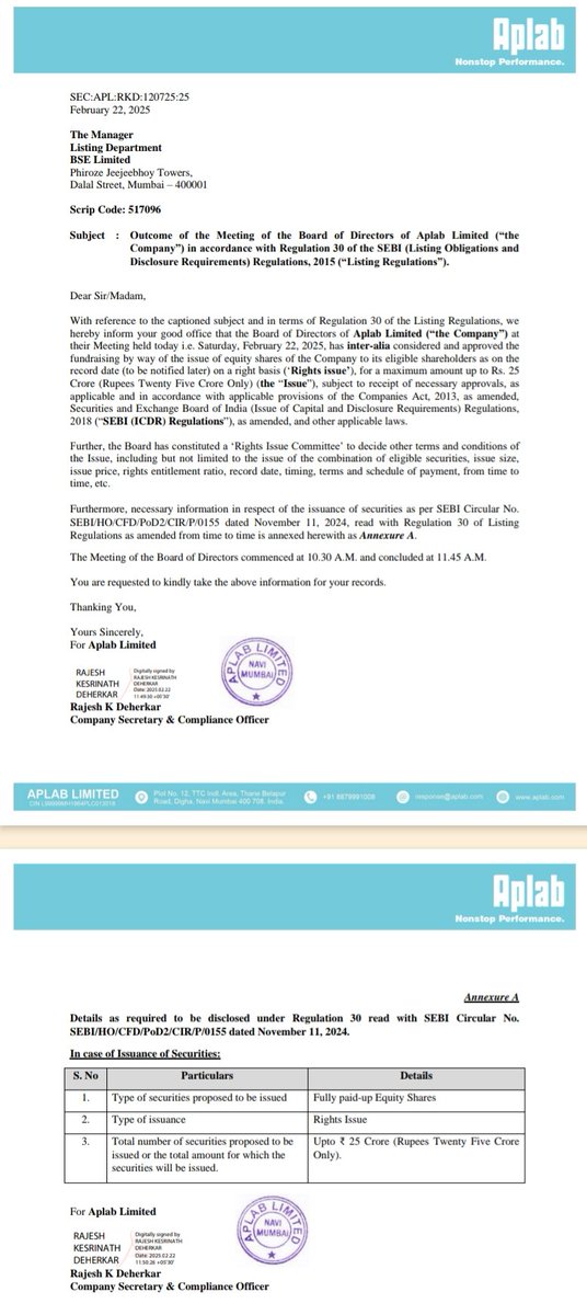 RajendraPillay2's tweet photo. #Aplab Ltd: Co is planning to raise 25 Crores through Rights issue. The Co built a strong reputation in it's line of business which has great potential. Is this a signal for a potential turnaround in the business of the Co 🤞🤞🤞 https://t.co/RdpfxdxSXY