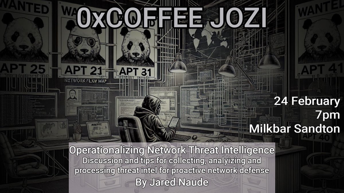 Join us for 0xc0ffee Jozi on Monday, 7pm at Milkbar. Jared will give us some practical tips on collecting analysing and processing threat intel for defence, the problems that come with it and using it to automate controls. 🤖
Hope to see you there!