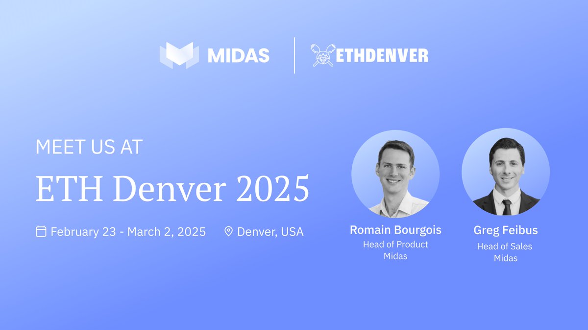 Midas (@midasrwa) on Twitter photo Midas team is heading to <a href="/EthereumDenver/">ETHDenver 🏔🦬🦄</a>!
Catch <a href="/romainbourgois/">Romain Bourgois</a> (Chief Product Officer) & <a href="/GregFeibus/">Greg Feibus</a> (Head of Sales & Partnerships) on the ground from Feb 23 - Mar 2.
📩 Want to connect? DM them to set up a meeting. Midas team is heading to <a href="/EthereumDenver/">ETHDenver 🏔🦬🦄</a>!
Catch <a href="/romainbourgois/">Romain Bourgois</a> (Chief Product Officer) & <a href="/GregFeibus/">Greg Feibus</a> (Head of Sales & Partnerships) on the ground from Feb 23 - Mar 2.
📩 Want to connect? DM them to set up a meeting.