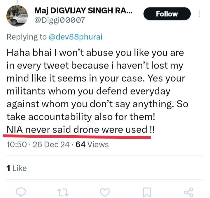 Proceeding the army chief's and retired general's remarks on drone bombing in Imphal, the NIA affirmed the bombing. Yet, a retired major @Diggi00007 remains committed to spreading misinformation to deceive those in his vicinity. Why is he spreading inaccurate information about a