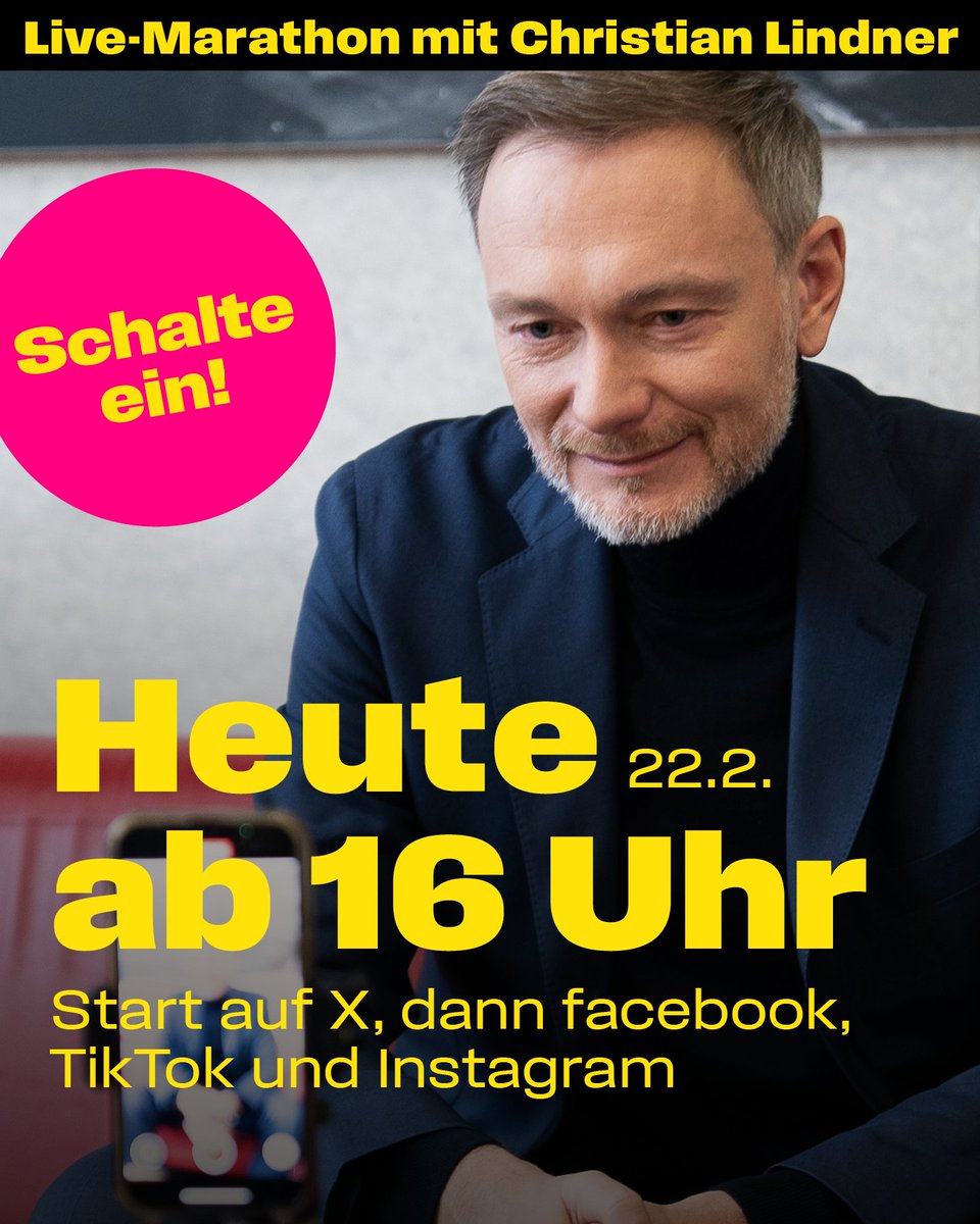 FDP (@fdp) on Twitter photo Schalte ein! Live-Marathon mit <a href="/c_lindner/">Christian Lindner</a>. Um 16 Uhr geht es auf X los, danach ist er auf Facebook, TikTok und Instagram zu sehen!
#jetztFDP Schalte ein! Live-Marathon mit <a href="/c_lindner/">Christian Lindner</a>. Um 16 Uhr geht es auf X los, danach ist er auf Facebook, TikTok und Instagram zu sehen!
#jetztFDP