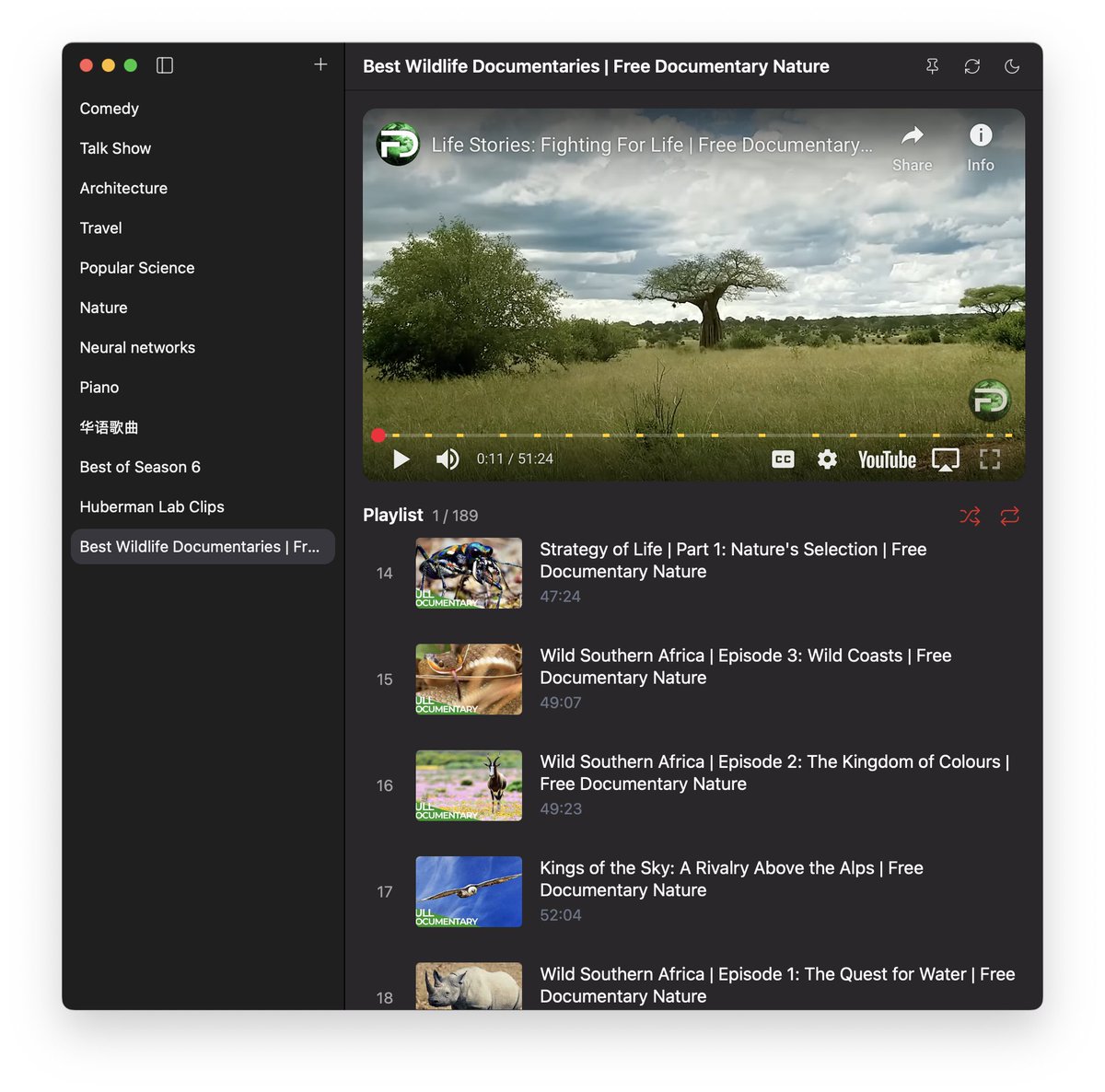 做了个 YouTube Playlist 播放器（Mac Only），感兴趣的朋友可以体验下。自己用下来还是蛮方便的，把 YouTube Playlist 加进去就可以看了。没有广告，也不会问你是否还在看。

limstack.com/limtuber