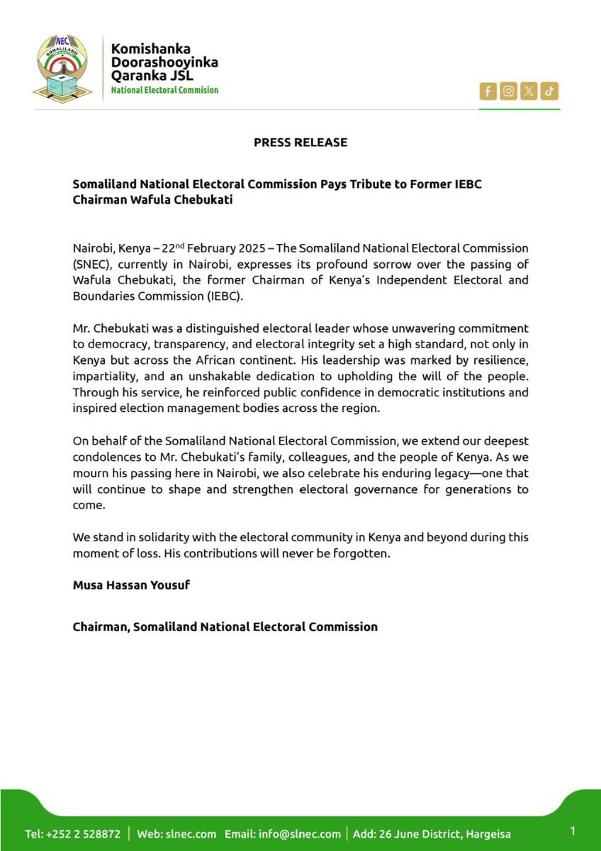 SLNECHQ's tweet image. 🕊️ Somaliland NEC Pays Tribute to @WChebukati
@SLNECHQ mourns the loss of Chebukati former Chairman of @IEBCKenya, a pillar of democracy & electoral integrity. His leadership inspired trust & transparency. Our deepest condolences to his family, friends & the people of Kenya.