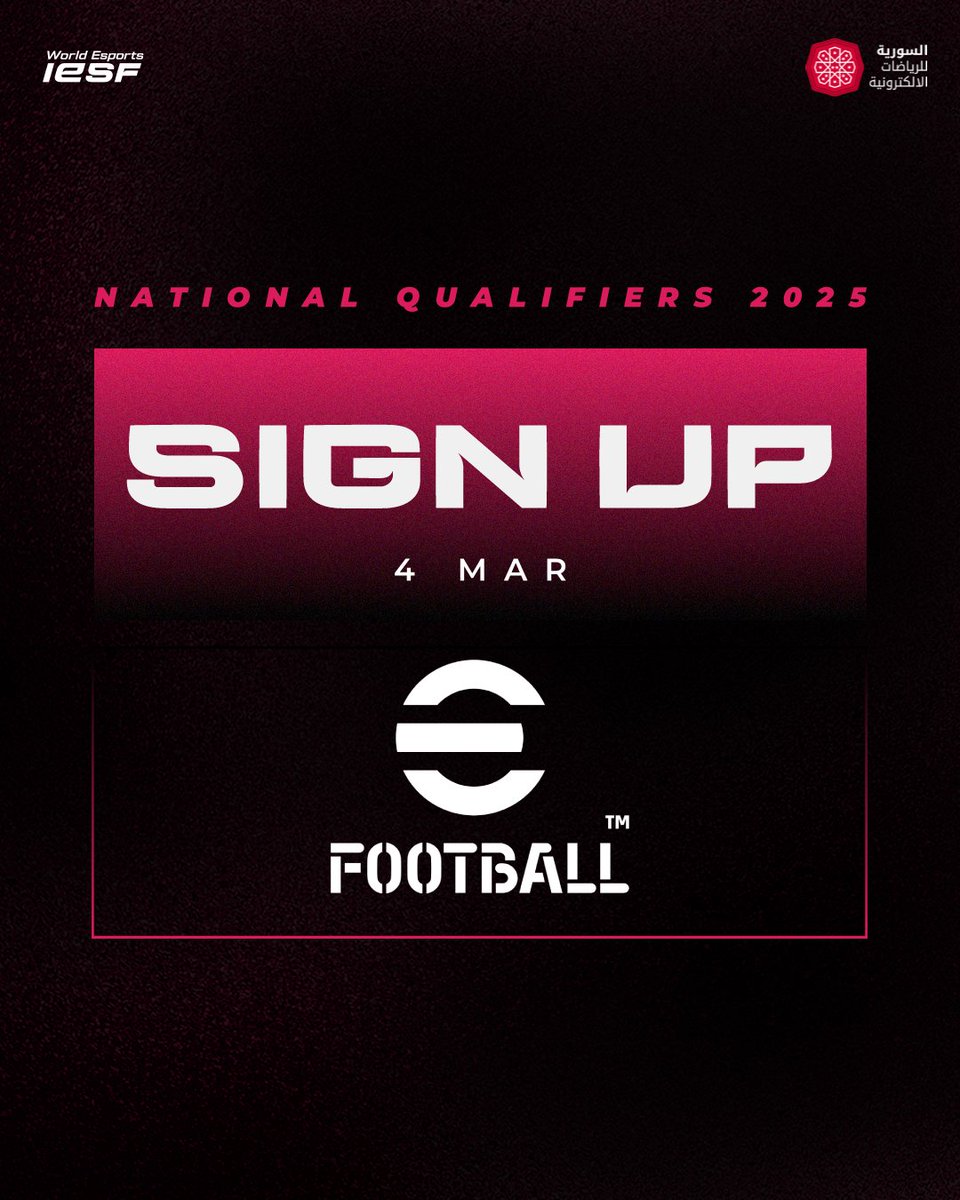 سجل الان لفرصتك لتحقيق حلمك
التصفيات السورية الوطنية و التي ستأهلك للمشاركة مع المنتخب السوري للرياضات الالكترونية في البطولة الدولية World Esports Championships
للتسجيل على لعبة eFootball : syrian-esports.com/wec25-efootbal…

و يمكنك التسجيل على باقي الالعاب من خلال الدخول الى موقعنا
