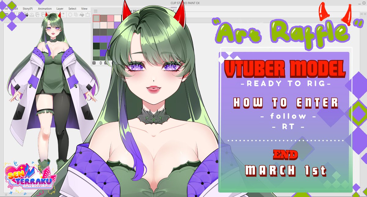 💚👾 VTuber Art Raffle! 👾💚

WOOHOO~ IT'S RAFFLE TIME!!  (ﾉ*&gt;∀&lt;)ﾉ♡

✨ PRIZE: A FULL-BODY VTUBER MODEL!! ✨ (⸝⸝&gt;ᴗ&lt;⸝⸝)💖

╭ ⎯⎯⎯  HOW TO ENTER ⎯⎯⎯ ✧˖°
💖 Follow me! (new followers are welcome)
💖 Like &amp; RT this post 
💖 Drop your PNG below! 📸💖 (っ´▽｀)っ

⏳